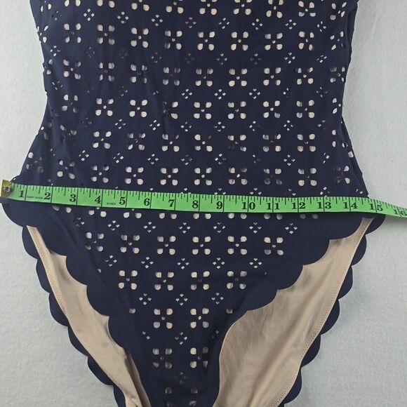 J. Crew Women's Scalloped one-shoulder swimsuit in laser-cut eyelet Navy Size 14 - Picture 9 of 10